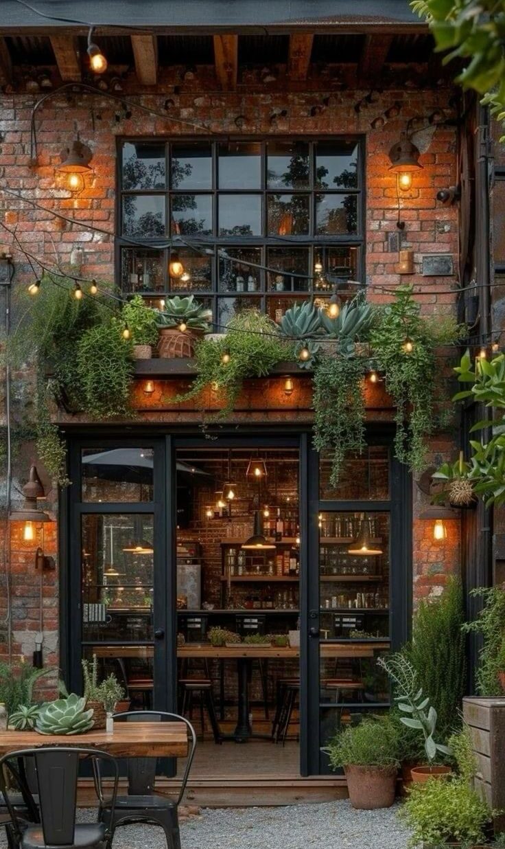 Exterior of the tea shop with tables, plants and lights