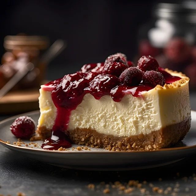 Cheesecake with red berries and jam on top